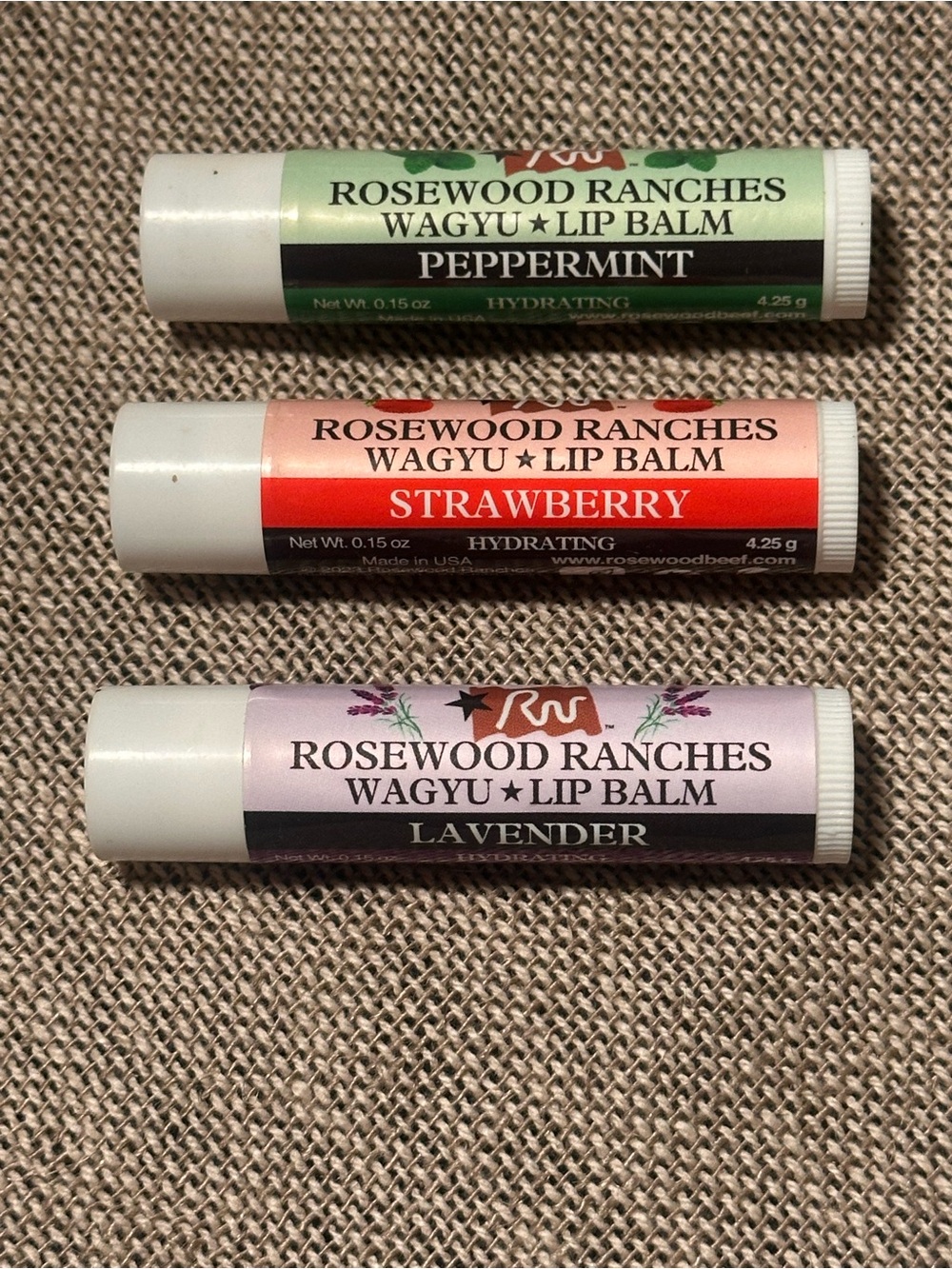 Rosewood Ranches Wagyu Beef Tallow Lip Balm Trio-Peppermint Strawberry Lavender